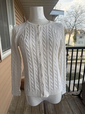 L.L. Bean Cable-Knit Button-Up Cardigan - White